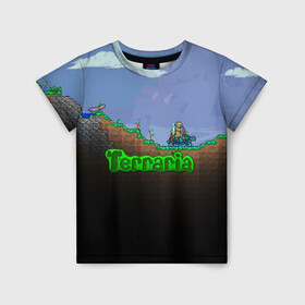 Детская футболка 3D с принтом terraria game в Новосибирске, 100% гипоаллергенный полиэфир | прямой крой, круглый вырез горловины, длина до линии бедер, чуть спущенное плечо, ткань немного тянется | Тематика изображения на принте: game | pixel | terraria | игра | пиксель | террариа