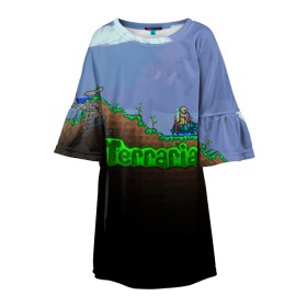 Детское платье 3D с принтом terraria game в Новосибирске, 100% полиэстер | прямой силуэт, чуть расширенный к низу. Круглая горловина, на рукавах — воланы | Тематика изображения на принте: game | pixel | terraria | игра | пиксель | террариа