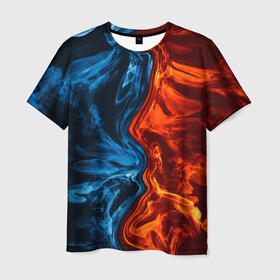 Мужская футболка 3D с принтом Огонь и вода в Новосибирске, 100% полиэфир | прямой крой, круглый вырез горловины, длина до линии бедер | fire | texture | абстракция | граффити | краски | лед | линии | огонь | огонь и лед | текстура | уличный стиль | яркая