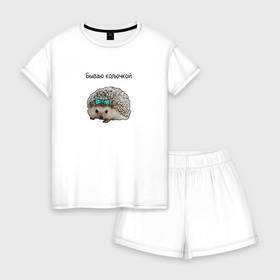 Женская пижама с шортиками хлопок с принтом Бываю колючкой в Новосибирске, 100% хлопок | футболка прямого кроя, шорты свободные с широкой мягкой резинкой | ёжик с бантиком | животные | колючки | милый зверек