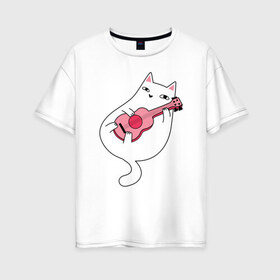 Женская футболка хлопок Oversize с принтом Music Cat в Новосибирске, 100% хлопок | свободный крой, круглый ворот, спущенный рукав, длина до линии бедер
 | animal | cat | cute | kitty | meow | music | гитара | друг | животные | киска | китти | кот | котенок | котик | кошечка | кошка | лев | леопард | милый | музыка | мур | мяу | пантера | питомец | рысь | тигр | улыбка