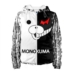 Женская куртка 3D с принтом MONOKUMA. в Новосибирске, ткань верха — 100% полиэстер, подклад — флис | прямой крой, подол и капюшон оформлены резинкой с фиксаторами, два кармана без застежек по бокам, один большой потайной карман на груди. Карман на груди застегивается на липучку | anime | bear | black  white | danganronpa | kurokuma | monodam | monokuma | monomi | monotaro | pink | rabbit | school | shirokuma | аниме | главарь | мoноми | монокума | черно белый | школа