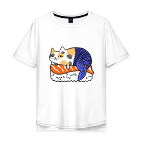Мужская футболка хлопок Oversize с принтом Sushi Cat в Новосибирске, 100% хлопок | свободный крой, круглый ворот, “спинка” длиннее передней части | animal | cat | cute | kitty | meow | друг | животные | киска | китти | кот | котенок | котик | кошечка | кошка | лев | леопард | милый | мур | мяу | пантера | питомец | рысь | тигр | улыбка
