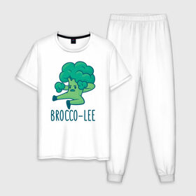 Мужская пижама хлопок с принтом Brocco Lee в Новосибирске, 100% хлопок | брюки и футболка прямого кроя, без карманов, на брюках мягкая резинка на поясе и по низу штанин
 | Тематика изображения на принте: broccoli | vegan | veggie | брокко ли | брокколи | брюс ли | веган | вегетарианец