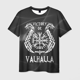 Мужская футболка 3D с принтом Valhalla в Новосибирске, 100% полиэфир | прямой крой, круглый вырез горловины, длина до линии бедер | Тематика изображения на принте: valhalla | вальгалла | вальхалла | вегвизир | викинги | знак | победа | скандинавия