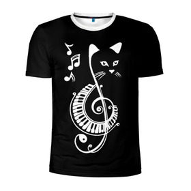 Мужская футболка 3D спортивная с принтом Музыкальный кот в Новосибирске, 100% полиэстер с улучшенными характеристиками | приталенный силуэт, круглая горловина, широкие плечи, сужается к линии бедра | background | black | cat | mus | music | musical | white | with | белый | игроман | кот | котик | котиков | котиком | котов | кошек | кошка | меломан | музыка | музыкальный | ноты | с белым | с котом | с нотами | фон | черный