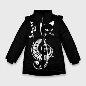 Зимняя куртка для девочек 3D с принтом Музыкальный кот в Новосибирске, ткань верха — 100% полиэстер; подклад — 100% полиэстер, утеплитель — 100% полиэстер. | длина ниже бедра, удлиненная спинка, воротник стойка и отстегивающийся капюшон. Есть боковые карманы с листочкой на кнопках, утяжки по низу изделия и внутренний карман на молнии. 

Предусмотрены светоотражающий принт на спинке, радужный светоотражающий элемент на пуллере молнии и на резинке для утяжки. | Тематика изображения на принте: background | black | cat | mus | music | musical | white | with | белый | игроман | кот | котик | котиков | котиком | котов | кошек | кошка | меломан | музыка | музыкальный | ноты | с белым | с котом | с нотами | фон | черный