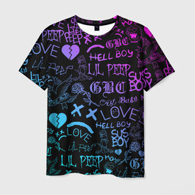 Мужская футболка 3D с принтом LIL PEEP NEON ЛИЛ ПИП НЕОН в Новосибирске, 100% полиэфир | прямой крой, круглый вырез горловины, длина до линии бедер | lil peep | lil prince | pink | зарубежная музыка | лил пип | маленький принц