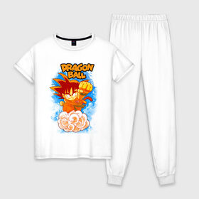 Женская пижама хлопок с принтом Little Goku в Новосибирске, 100% хлопок | брюки и футболка прямого кроя, без карманов, на брюках мягкая резинка на поясе и по низу штанин | Тематика изображения на принте: anime | c | db | dragon ball | dragonball | kawai | manga | son | super | zet | аниме | анимэ | брутальный | воин | герой | главный | из | кавай | крутой | кулак | лицо | малыш | манга | мастер | мелкий | милый | надпись | надписью | облако