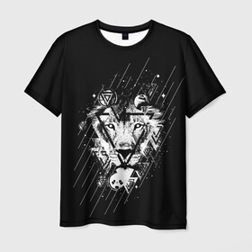 Мужская футболка 3D с принтом Лев  в Новосибирске, 100% полиэфир | прямой крой, круглый вырез горловины, длина до линии бедер | leon | геометрия | женская толстовка | женская футболка со львом | животные | лев | мужская футболка со львом | треугольники | черная толстовка | черная футболка