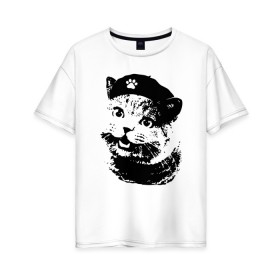 Женская футболка хлопок Oversize с принтом Че - Котяра в Новосибирске, 100% хлопок | свободный крой, круглый ворот, спущенный рукав, длина до линии бедер
 | animal | cat | che guevara | cuba | cute | kitty | meow | друг | животные | киска | китти | кот | котенок | котик | кошечка | кошка | куба | лев | леопард | милый | мур | мяу | пантера | питомец | революция | рысь | тигр | улыбка