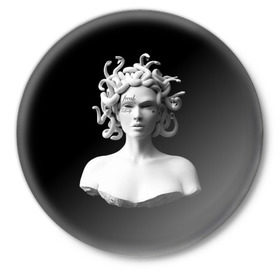 Значок с принтом Горгона с татуировками в Новосибирске,  металл | круглая форма, металлическая застежка в виде булавки | античность | горгона | леди | медуза | скульптура | татуировки | фрик