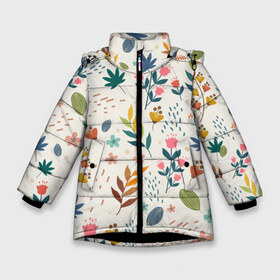 Зимняя куртка для девочек 3D с принтом Цветочный орнамент в Новосибирске, ткань верха — 100% полиэстер; подклад — 100% полиэстер, утеплитель — 100% полиэстер. | длина ниже бедра, удлиненная спинка, воротник стойка и отстегивающийся капюшон. Есть боковые карманы с листочкой на кнопках, утяжки по низу изделия и внутренний карман на молнии. 

Предусмотрены светоотражающий принт на спинке, радужный светоотражающий элемент на пуллере молнии и на резинке для утяжки. | лепесточки | листочки | цветочный узор | цветы