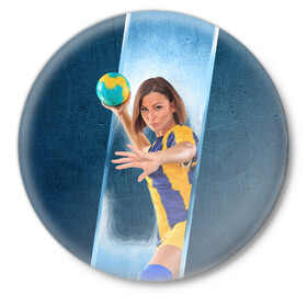 Значок с принтом Гандболистка в Новосибирске,  металл | круглая форма, металлическая застежка в виде булавки | hand ball | handball | play | игра | игра в ганбол | игра с мячом | мяч | руки | футбол