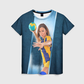 Женская футболка 3D с принтом Гандболистка в Новосибирске, 100% полиэфир ( синтетическое хлопкоподобное полотно) | прямой крой, круглый вырез горловины, длина до линии бедер | hand ball | handball | play | игра | игра в ганбол | игра с мячом | мяч | руки | футбол