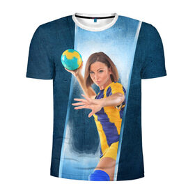 Мужская футболка 3D спортивная с принтом Гандболистка в Новосибирске, 100% полиэстер с улучшенными характеристиками | приталенный силуэт, круглая горловина, широкие плечи, сужается к линии бедра | hand ball | handball | play | игра | игра в ганбол | игра с мячом | мяч | руки | футбол