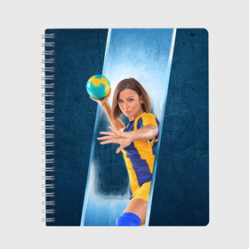 Тетрадь с принтом Гандболистка в Новосибирске, 100% бумага | 48 листов, плотность листов — 60 г/м2, плотность картонной обложки — 250 г/м2. Листы скреплены сбоку удобной пружинной спиралью. Уголки страниц и обложки скругленные. Цвет линий — светло-серый
 | hand ball | handball | play | игра | игра в ганбол | игра с мячом | мяч | руки | футбол