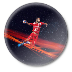 Значок с принтом Гандболист в Новосибирске,  металл | круглая форма, металлическая застежка в виде булавки | hand ball | handball | play | игра | игра в ганбол | игра с мячом | мяч | руки | футбол
