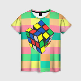 Женская футболка 3D с принтом Кубик Рубика в Новосибирске, 100% полиэфир ( синтетическое хлопкоподобное полотно) | прямой крой, круглый вырез горловины, длина до линии бедер | игра | интеллект | куб | кубик | рубик | ум