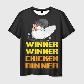 Мужская футболка 3D с принтом Winner Chicken Dinner в Новосибирске, 100% полиэфир | прямой крой, круглый вырез горловины, длина до линии бедер | Тематика изображения на принте: asia | battle | chicken | dinner | duo | epic | guide | lucky | map | miramar | mobile | mortal | pro | royale | solo | winner | битва | лут | пабг | пубг | стрим | топ