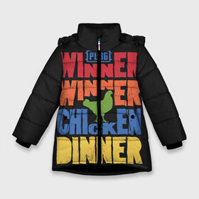 Зимняя куртка для девочек 3D с принтом Winner Chicken Dinner в Новосибирске, ткань верха — 100% полиэстер; подклад — 100% полиэстер, утеплитель — 100% полиэстер. | длина ниже бедра, удлиненная спинка, воротник стойка и отстегивающийся капюшон. Есть боковые карманы с листочкой на кнопках, утяжки по низу изделия и внутренний карман на молнии. 

Предусмотрены светоотражающий принт на спинке, радужный светоотражающий элемент на пуллере молнии и на резинке для утяжки. | asia | battle | chicken | dinner | duo | epic | guide | lucky | map | miramar | mobile | mortal | pro | royale | solo | winner | битва | лут | пабг | пубг | стрим | топ