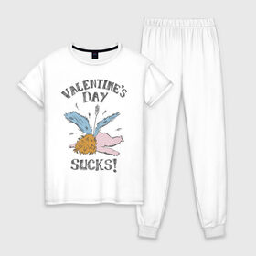 Женская пижама хлопок с принтом Valentines day sucks! в Новосибирске, 100% хлопок | брюки и футболка прямого кроя, без карманов, на брюках мягкая резинка на поясе и по низу штанин | 14 февраля | антивалентин | день святого  валентина | любовь | подарок