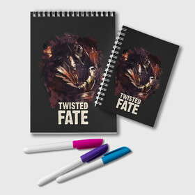 Блокнот с принтом Twisted Fate в Новосибирске, 100% бумага | 48 листов, плотность листов — 60 г/м2, плотность картонной обложки — 250 г/м2. Листы скреплены удобной пружинной спиралью. Цвет линий — светло-серый
 | Тематика изображения на принте: jinx | kda | league | lol | moba | pentakill | riot | rise | rus | skins | варвик | варус | воин | легенд | лига | лол | маг | стрелок | танк | чемпион