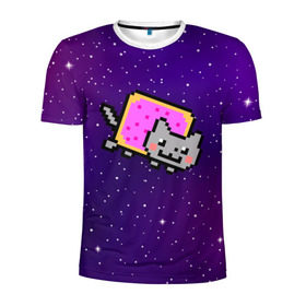 Мужская футболка 3D спортивная с принтом Nyan Cat в Новосибирске, 100% полиэстер с улучшенными характеристиками | приталенный силуэт, круглая горловина, широкие плечи, сужается к линии бедра | cat | meme | nyan cat | space | youtube | животное | звезды | интернет | космос | кошка | мем | прикол | радуга | юмор | ютуб