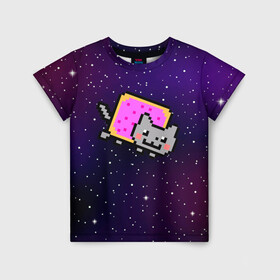 Детская футболка 3D с принтом Nyan Cat в Новосибирске, 100% гипоаллергенный полиэфир | прямой крой, круглый вырез горловины, длина до линии бедер, чуть спущенное плечо, ткань немного тянется | cat | meme | nyan cat | space | youtube | животное | звезды | интернет | космос | кошка | мем | прикол | радуга | юмор | ютуб