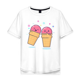 Мужская футболка хлопок Oversize с принтом Мороженки в Новосибирске, 100% хлопок | свободный крой, круглый ворот, “спинка” длиннее передней части | Тематика изображения на принте: мороженка мороженки пара вкусняшка любовь отн