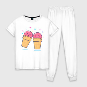 Женская пижама хлопок с принтом Мороженки в Новосибирске, 100% хлопок | брюки и футболка прямого кроя, без карманов, на брюках мягкая резинка на поясе и по низу штанин | мороженка мороженки пара вкусняшка любовь отн