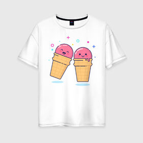 Женская футболка хлопок Oversize с принтом Мороженки в Новосибирске, 100% хлопок | свободный крой, круглый ворот, спущенный рукав, длина до линии бедер
 | мороженка мороженки пара вкусняшка любовь отн