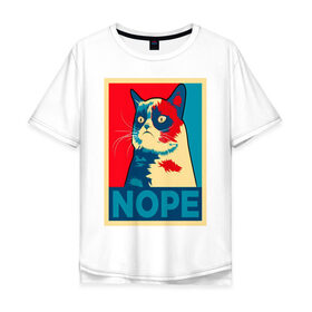 Мужская футболка хлопок Oversize с принтом Grumpy Cat в Новосибирске, 100% хлопок | свободный крой, круглый ворот, “спинка” длиннее передней части | cat | grumpy | meme | nope | интернет | кот | кот мем | кошка | мем | ноуп | прикол | угрюмый | юмор