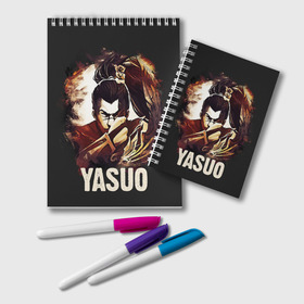 Блокнот с принтом Yasuo в Новосибирске, 100% бумага | 48 листов, плотность листов — 60 г/м2, плотность картонной обложки — 250 г/м2. Листы скреплены удобной пружинной спиралью. Цвет линий — светло-серый
 | Тематика изображения на принте: jinx | kda | league | lol | moba | pentakill | riot | rise | rus | skins | варвик | варус | воин | легенд | лига | лол | маг | стрелок | танк | чемпион