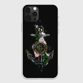 Чехол для iPhone 12 Pro Max с принтом якорь с компасом и цветами в Новосибирске, Силикон |  | компас | моряк | розы | темный принт | цветы | якорь