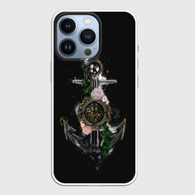 Чехол для iPhone 13 Pro с принтом якорь с компасом и цветами в Новосибирске,  |  | Тематика изображения на принте: компас | моряк | розы | темный принт | цветы | якорь