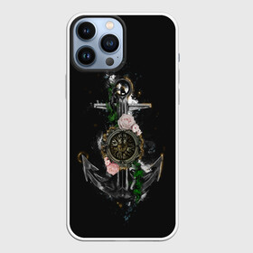 Чехол для iPhone 13 Pro Max с принтом якорь с компасом и цветами в Новосибирске,  |  | Тематика изображения на принте: компас | моряк | розы | темный принт | цветы | якорь