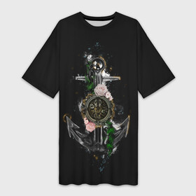 Платье-футболка 3D с принтом якорь с компасом и цветами в Новосибирске,  |  | компас | моряк | розы | темный принт | цветы | якорь