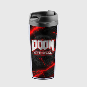 Термокружка-непроливайка с принтом DOOM ETERNAL в Новосибирске, внутренняя часть — пищевой пластик, наружная часть — прозрачный пластик, между ними — полиграфическая вставка с рисунком | объем — 350 мл, герметичная крышка | doom | doom eternal | doom slayer | slayer | дум