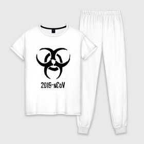 Женская пижама хлопок с принтом 2019-nCoV в Новосибирске, 100% хлопок | брюки и футболка прямого кроя, без карманов, на брюках мягкая резинка на поясе и по низу штанин | 2019 ncov | биологическая угроза | вирус | китай | китайский грипп | коронавирус | опасность | пандемия | ухань | эпидемия