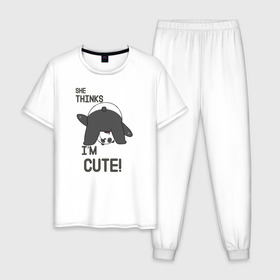 Мужская пижама хлопок с принтом She thinks в Новосибирске, 100% хлопок | брюки и футболка прямого кроя, без карманов, на брюках мягкая резинка на поясе и по низу штанин
 | Тематика изображения на принте: grizzly | ice bear | panda | the three bare bears | vdzajul | we bare bears | белый | вся правда о медведях | гризли | панда | правда
