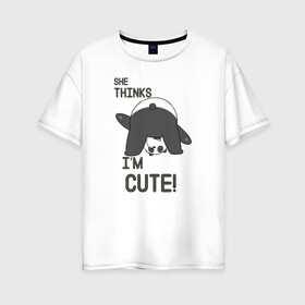 Женская футболка хлопок Oversize с принтом She thinks в Новосибирске, 100% хлопок | свободный крой, круглый ворот, спущенный рукав, длина до линии бедер
 | grizzly | ice bear | panda | the three bare bears | vdzajul | we bare bears | белый | вся правда о медведях | гризли | панда | правда