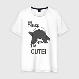 Мужская футболка хлопок с принтом She thinks в Новосибирске, 100% хлопок | прямой крой, круглый вырез горловины, длина до линии бедер, слегка спущенное плечо. | grizzly | ice bear | panda | the three bare bears | vdzajul | we bare bears | белый | вся правда о медведях | гризли | панда | правда