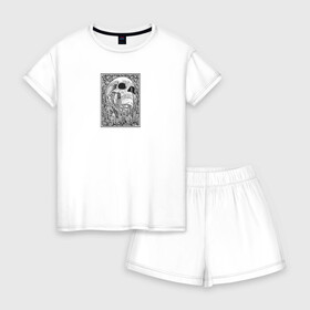 Женская пижама с шортиками хлопок с принтом IN THE FIELD OF FLOWERS в Новосибирске, 100% хлопок | футболка прямого кроя, шорты свободные с широкой мягкой резинкой | кости | минимализм | цветы | цвиты | чб | череп | череп человека | черип | черно   белое
