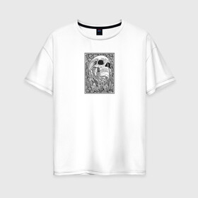 Женская футболка хлопок Oversize с принтом IN THE FIELD OF FLOWERS в Новосибирске, 100% хлопок | свободный крой, круглый ворот, спущенный рукав, длина до линии бедер
 | кости | минимализм | цветы | цвиты | чб | череп | череп человека | черип | черно   белое