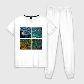 Женская пижама хлопок с принтом Ван Гог картины в Новосибирске, 100% хлопок | брюки и футболка прямого кроя, без карманов, на брюках мягкая резинка на поясе и по низу штанин | van gogh | арт | ван гог | галерея | живопись | звездная ночь | знаменитая | искусство | картины | пейзаж | рисование | футболка с ван гогом | художник