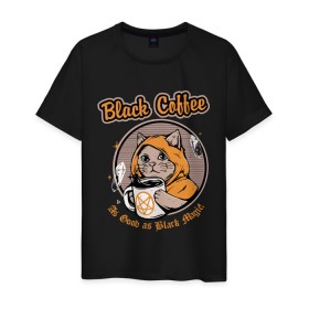 Мужская футболка хлопок с принтом Black Coffee Cat в Новосибирске, 100% хлопок | прямой крой, круглый вырез горловины, длина до линии бедер, слегка спущенное плечо. | cat | cats | coffee | kitty | magic | prints | картинки | кот | котики | коты | котэ | котята | кофе | кошки | магия | майки | мем | мода | прикол | принты | стиль | тренд | футболки | яркие | яркость