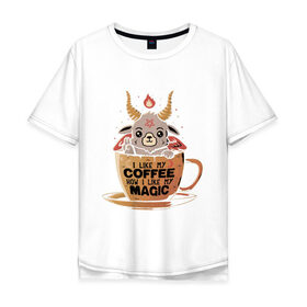 Мужская футболка хлопок Oversize с принтом Magic Coffee в Новосибирске, 100% хлопок | свободный крой, круглый ворот, “спинка” длиннее передней части | Тематика изображения на принте: coffee | evil | magic | prints | зло | картинки | кофе | магия | майки | мем | мода | прикол | принты | стиль | тренд | футболки | яркие | яркость