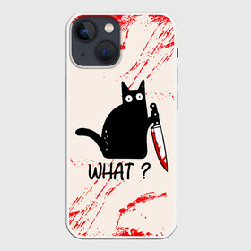 Чехол для iPhone 13 mini с принтом What cat в Новосибирске,  |  | cat | kitten | knife | what | вопрос | киса | кот | котёнок | кошак | кошка | кровь | нож | удивление | что