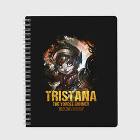 Тетрадь с принтом Tristana в Новосибирске, 100% бумага | 48 листов, плотность листов — 60 г/м2, плотность картонной обложки — 250 г/м2. Листы скреплены сбоку удобной пружинной спиралью. Уголки страниц и обложки скругленные. Цвет линий — светло-серый
 | jinx | kda | league | lol | moba | pentakill | riot | rise | rus | skins | варвик | варус | воин | легенд | лига | лол | маг | стрелок | танк | чемпион